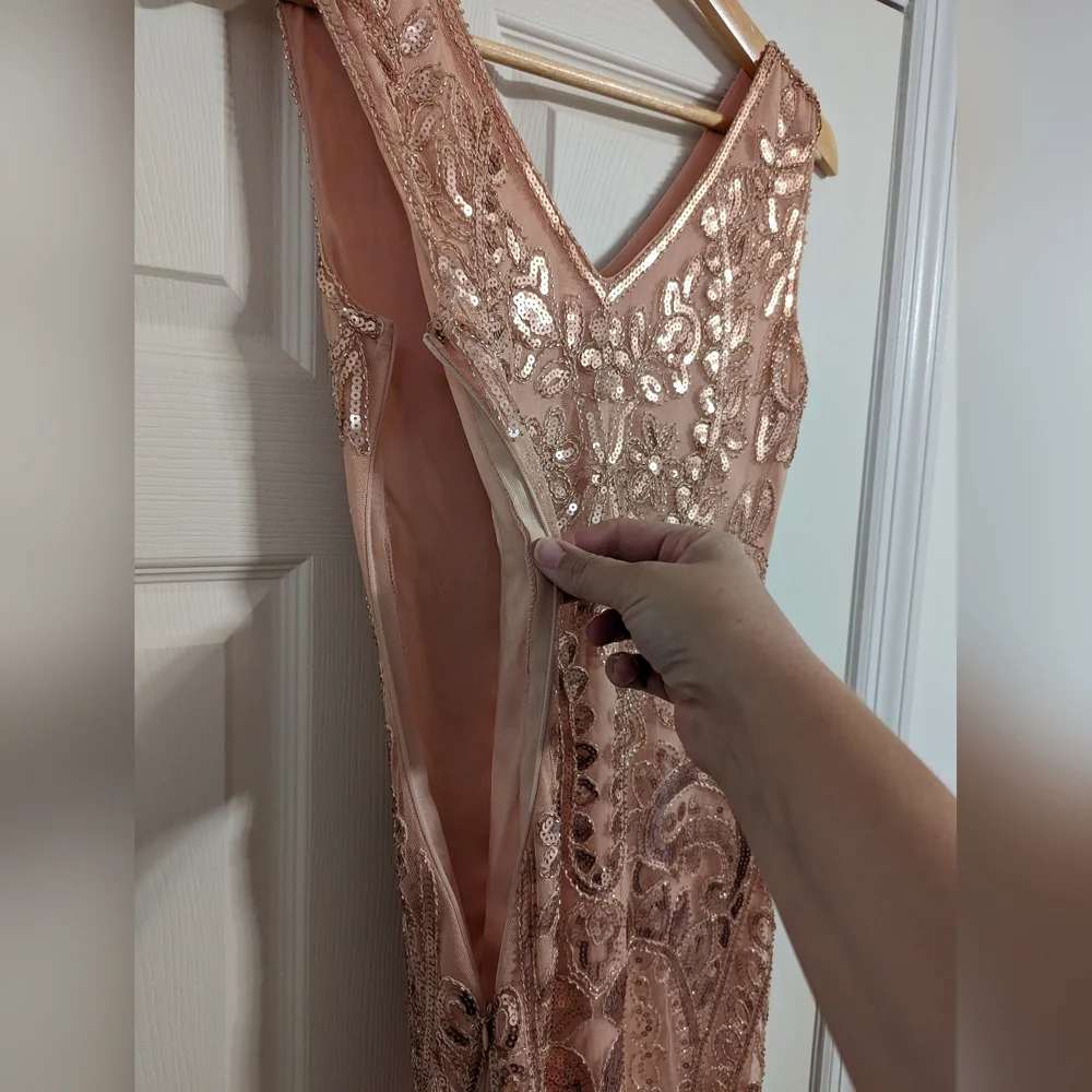 Kayamiya rose gold blush flapper dress sequin fringe size small (read condition)